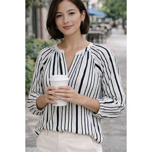 Evereve Womens Blouse Black White Stripe Small Split Neck 3/4 Sleeve Cotton